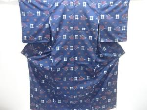 アンティーク　花に絣柄織り出し手織り紬着物